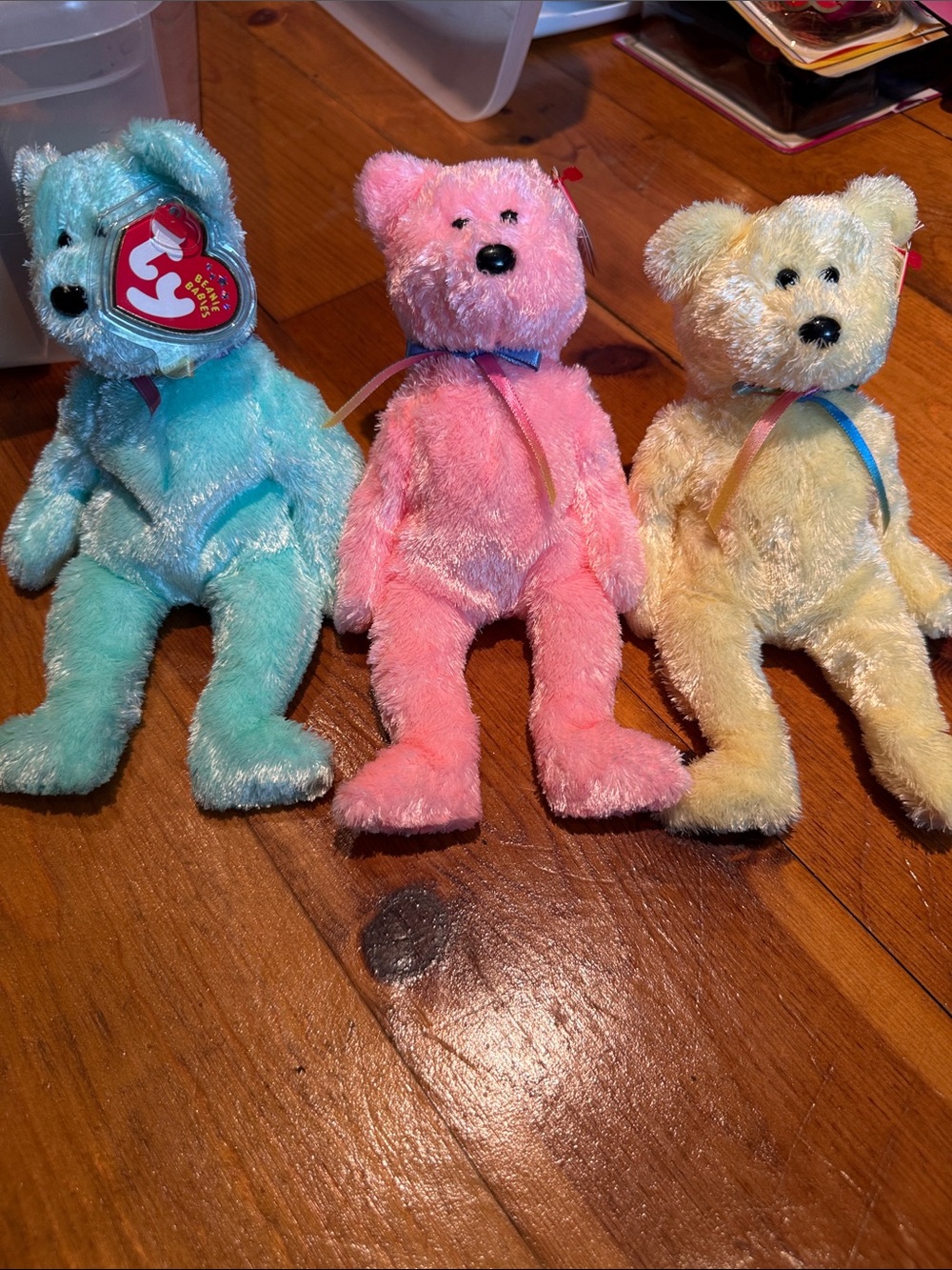 Ty Plush Bear Trio - Turquoise, Pink & Cream Ribbon Bears